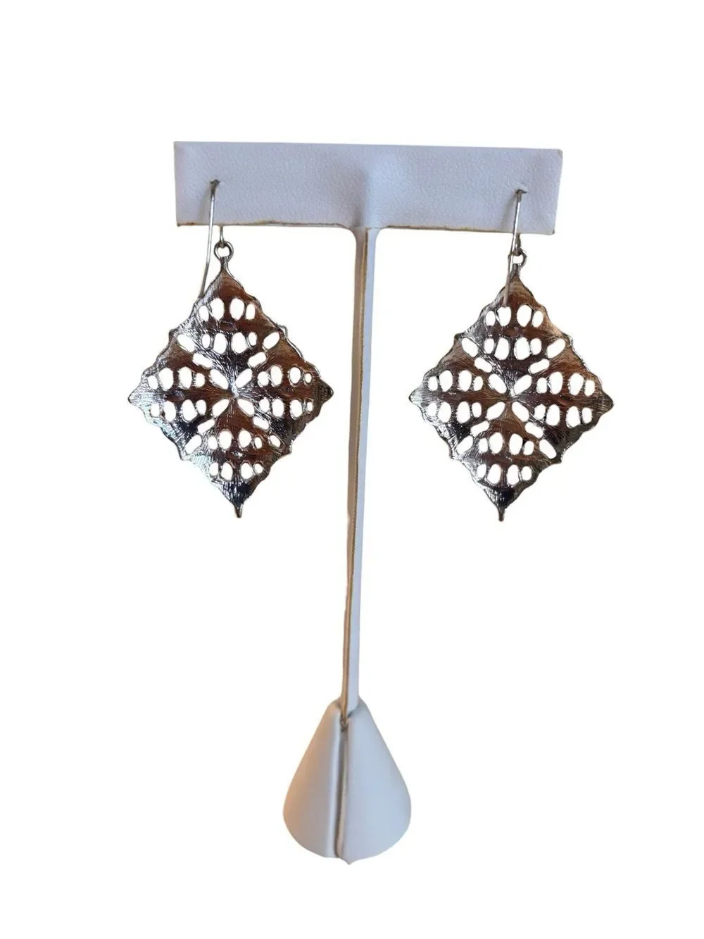Antique Style Silver Toned Filigree Diamond-Shaped Earrings w/Turquoise Accents.
